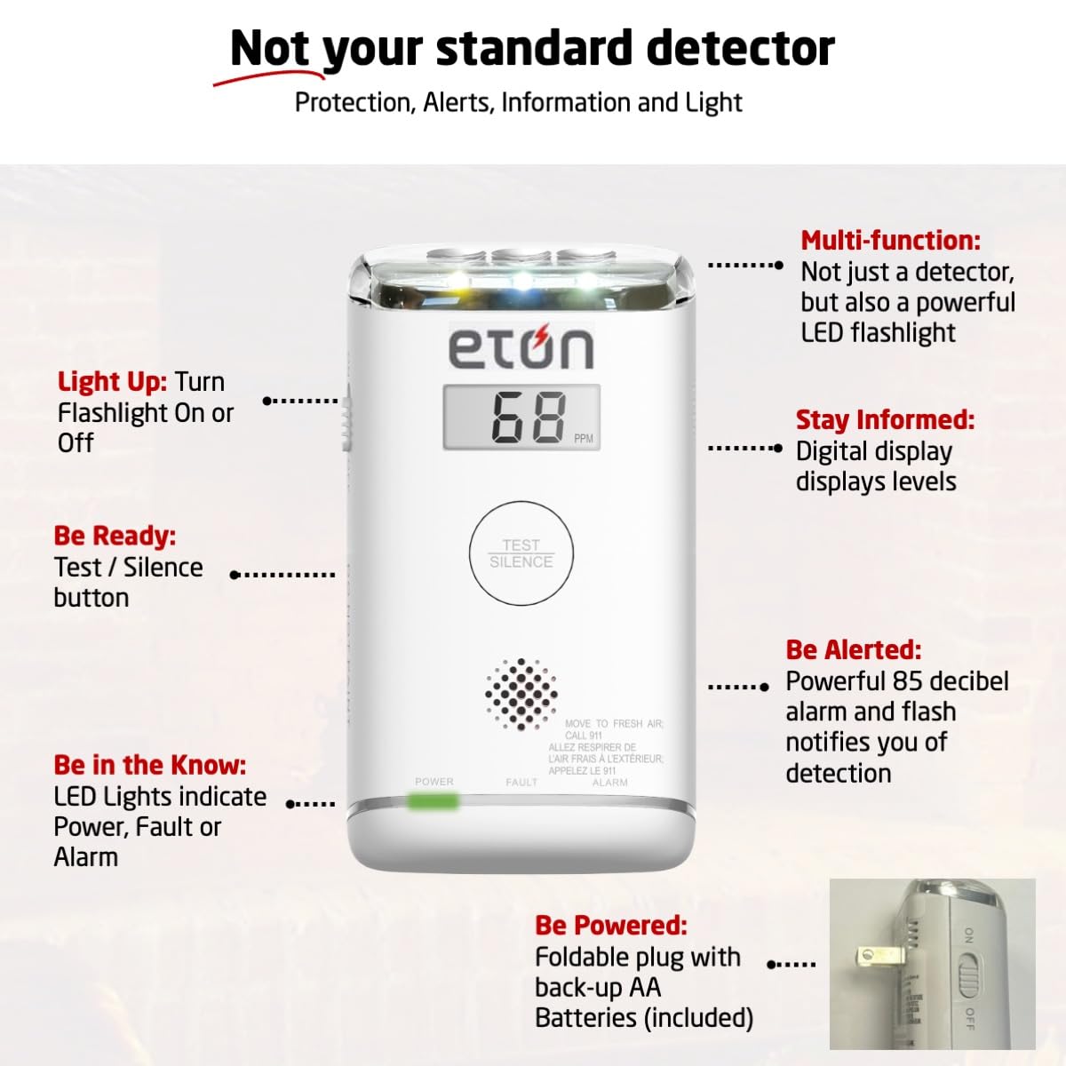 Eton 10-Year Carbon Monoxide Detector, Digital Display, LED Status Indicator, Emergency LED Flashlight, Plug-in with Battery Backup, Energizer Batteries