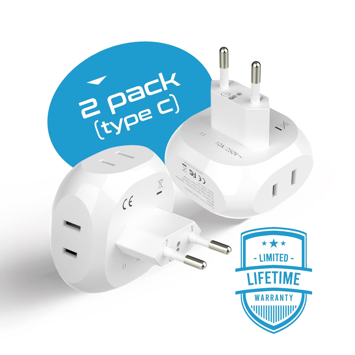 Ceptics European Travel Plug Adapter Europe Power Adaptor Charger 4 Input - Ultra Compact - Light Weight - Usa To Any Type C Cou
