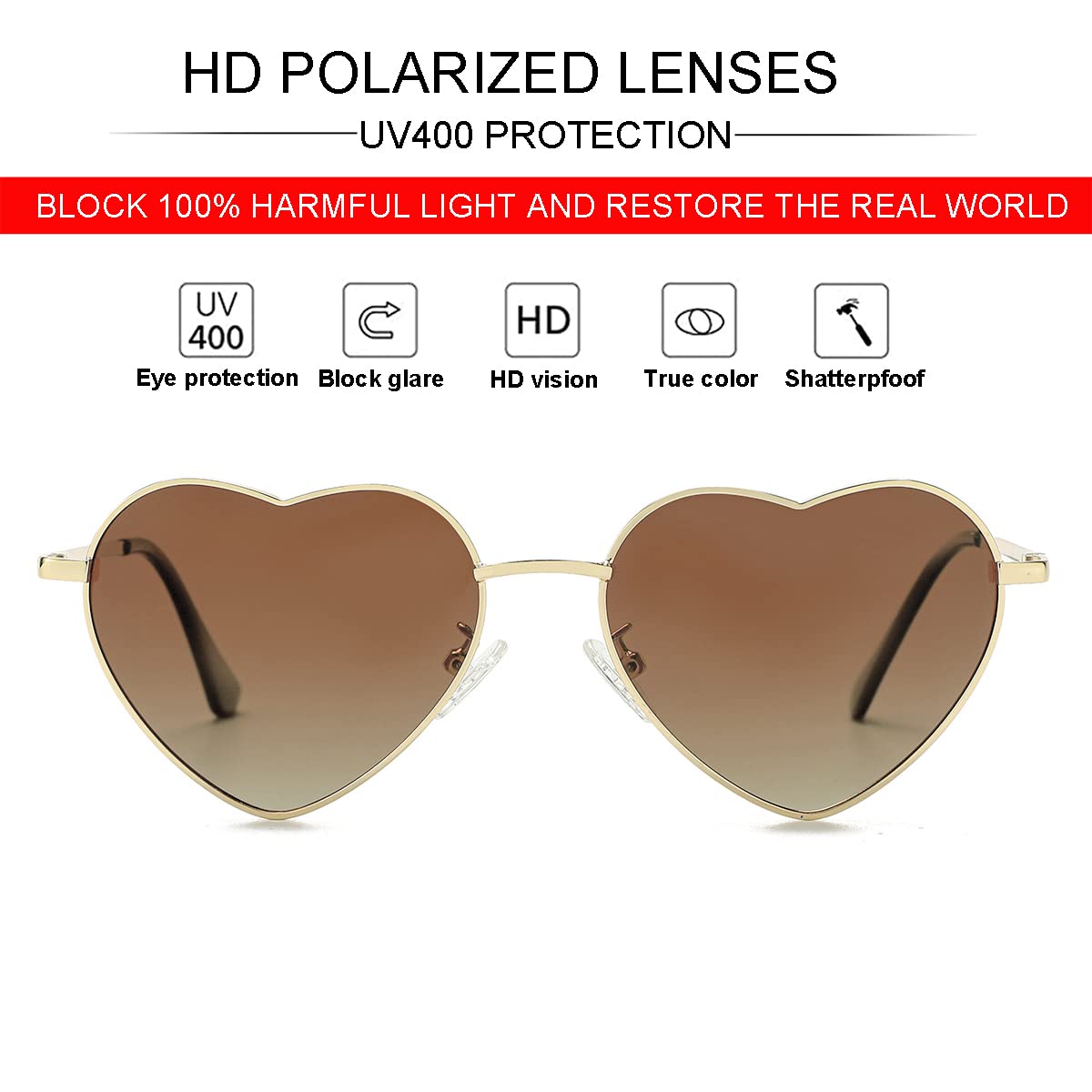 Polarized Heart Sunglasses for Women Fashion Lovely Style Metal Frame UV400 Protection Lens (Gold/Gradient Brown)