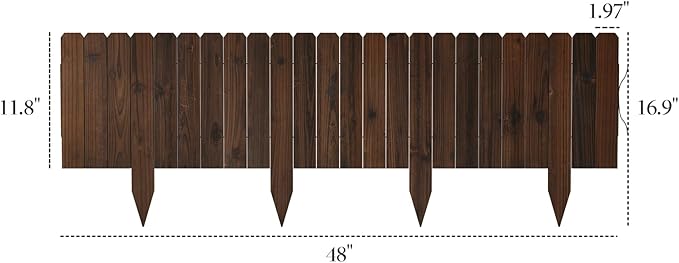 Wooden Garden Fence No Dig Landscape Edging Border Lawn Border Decorative Flower Bed Border Courtyards Planting Tree Fence Yard Patio Path Edging -11.8" H x 48" L (1PACK)