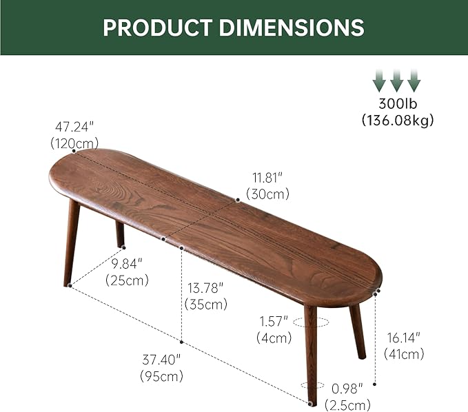 Vadisun 100% Solid Oak Wood Dining Bench, 47.2'' Entryway Bench Ottoman with Rounding Corner Design for Kitchen Living Room Bedroom, Walnut