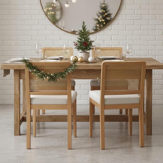 LukeAlon Modern Dining Chairs Set of 4 Farmhouse Kitchen Chairs with Woven Cane Back, Soft Chenille Upholstered Seat, Solid Wood Legs for Dining Room, Breakfast Nook, Comfortable & Stylish, White