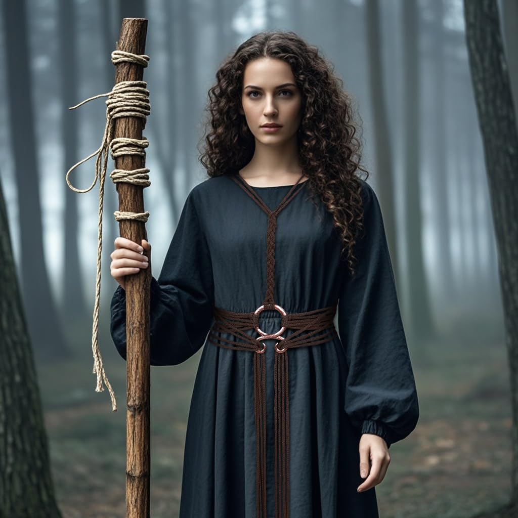 L'VOW Women Viking Troll Cross Belt Long Rope Belt Norse Witch Waist Belt Medieval Shaman Waist Belt Pagan Accessory(Coffee)