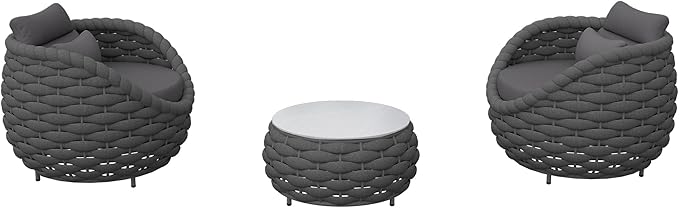 Erotr Deck Furniture Set: 3 Pieces Aluminum Woven Rope Patio Conversation Sofa Set for 2, Comfy Cushions Couch Armchair Table Set Assembled, 400lbs for Porch Balcony Pool Bistro Yard Hotel - Dark Gray