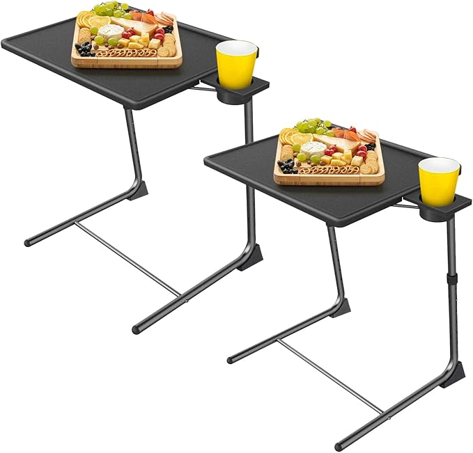 ZUCONKITCH Adjustable TV Tray Tables with 6 Height & 3 Tilt Angle, Folding TV Dinner Tray,TV Table with Cup Holder on Bed & Sofa (2 Pack, Black)