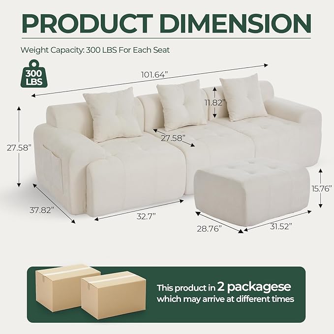 YAAREE 101.65” Modular Sectional Couch for Living Room, Modren L-Shape Cloud Sectional 3-Seater Sofa with Movable Ottoman, Woven Texture Upholstery Boneless Couch, No Assembly Grey, Beige