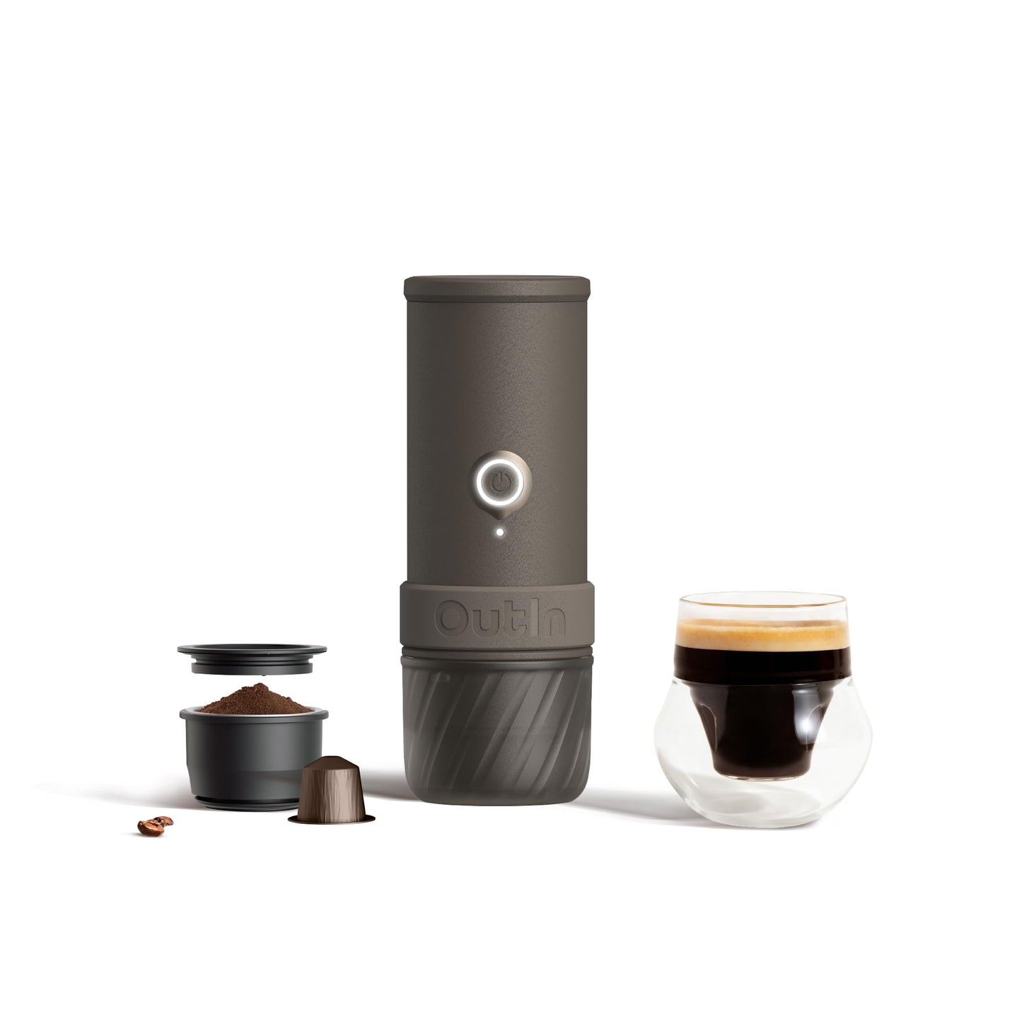 OutIn Mino Portable Electric Espresso Machine, Mini Camping Coffee Maker, Pocket Sized Coffee Machine Self-Heating with USB-C for adventure, compatible with Ground & NS Capsule