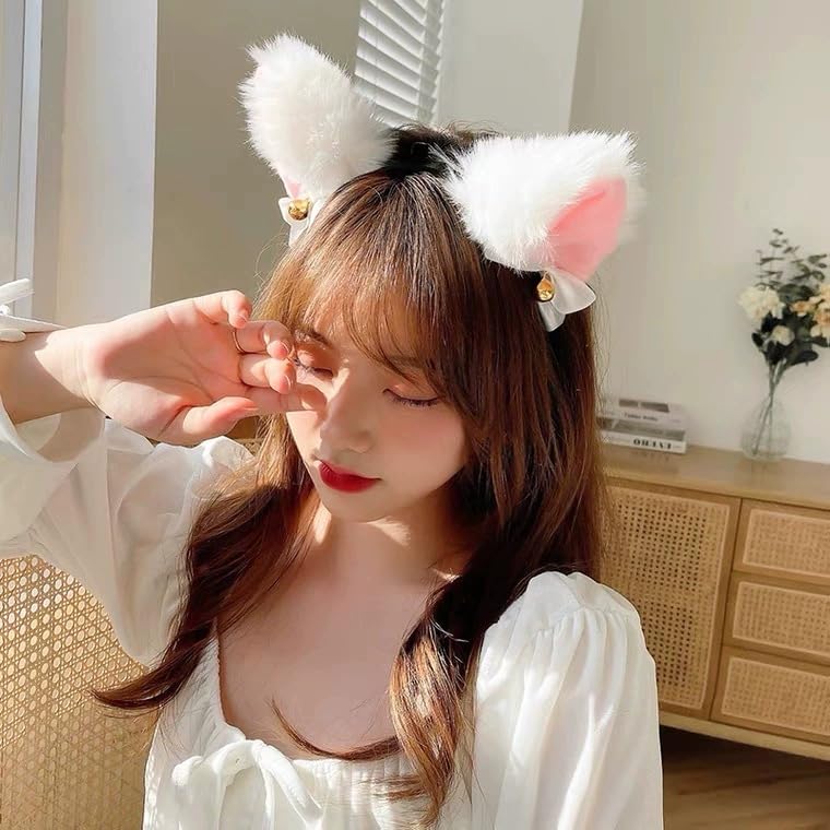 YOVECATHOU Light Up Headband Cat Ears With Bell Furry Headband Rave Accessories For Women Girls Valentine's Day Party Costume