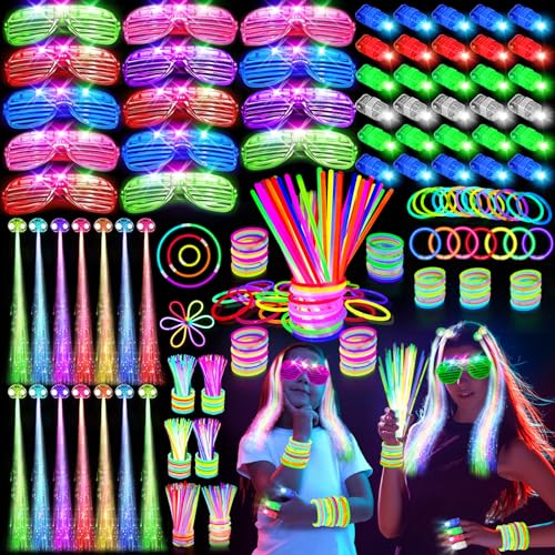 SHQDD 158 PCS Glow in the Dark Party Supplies, 14PCS LED Glasses, 30LED Finger Lights, 14LED Light Hairs and 100PCS Glow S...