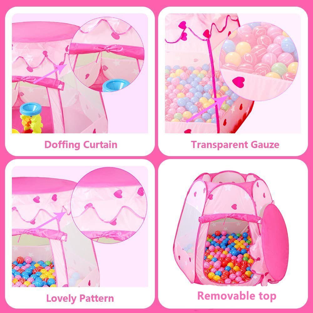 Crayline Pop Up Princess Tent with Star Light, Toys for 1 2 3 Year Old Girl Birthday Gift, Ball Pit for 12-18 Months Baby Girl Toys, Toddler Gift, Easy to Pop Up and Assemble(Pink)