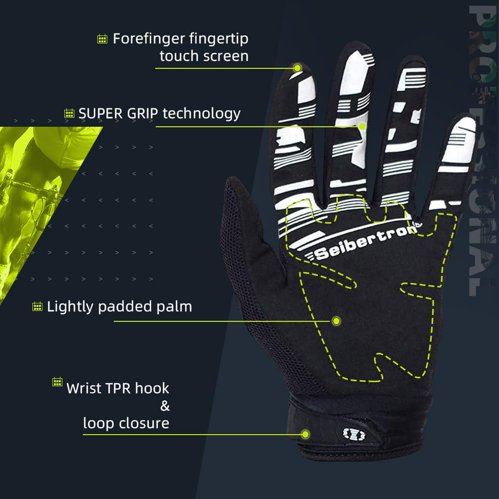 Seibertron Youth Unisex MX ATV MTB Racing Gloves - Full Finger Touchscreen Glove for Bicycle Cycling Mountain Biking Motorcycle and Motocross Black XS