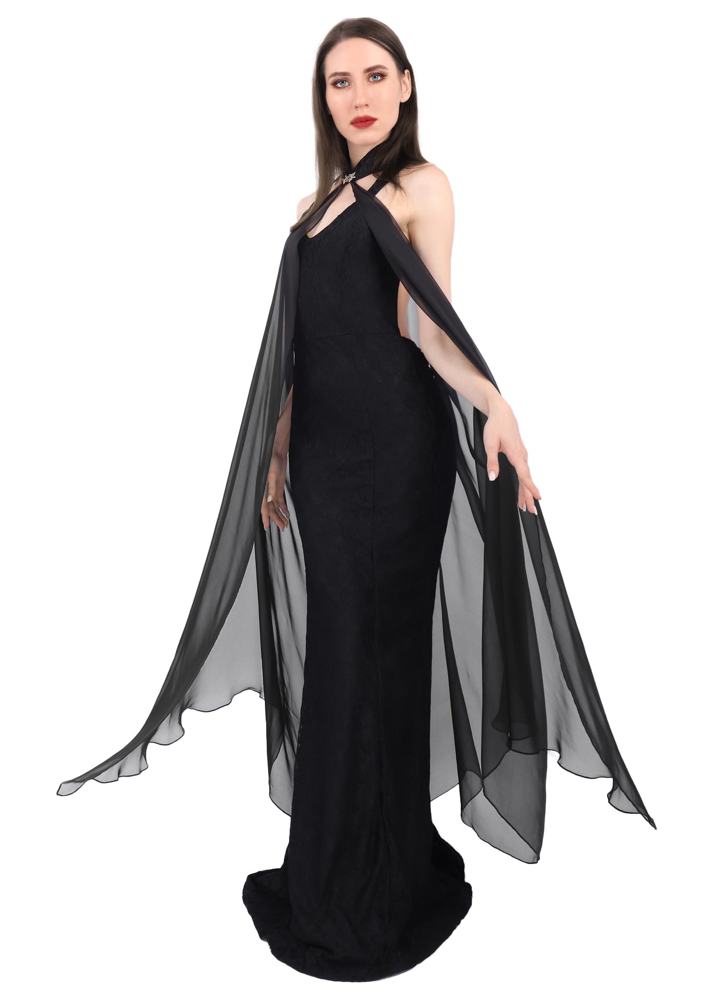 DAZCOS Chiffon Shawls Cape for Women Tulle Cloak Sheer for Evening Glamour Dresses Wedding Collared Halter Capelet (Black)