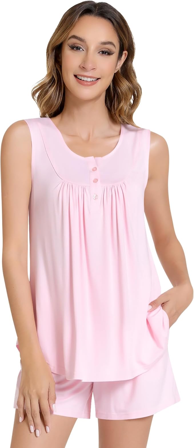 NACHILA Pajamas for Women-Viscose from Bamboo, Ribbed Racerback Tank Top Sexy Split Shorts Pajama Sets Cooling Sleep Cami Pjs
