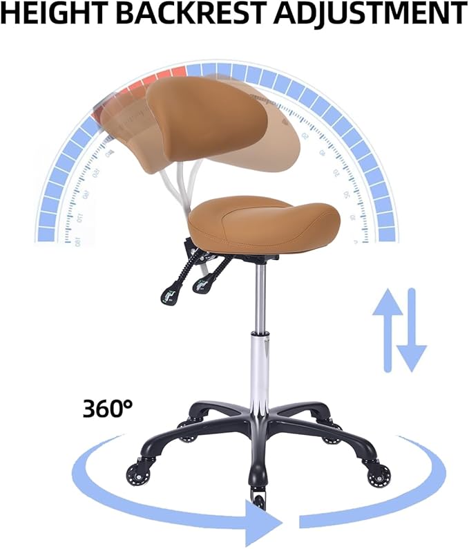Ergonomic Rolling Saddle Stool with Back Support Professional Height Adjustable Swivel Chair for Drafting Salon Hair Massage Spa, in Camel