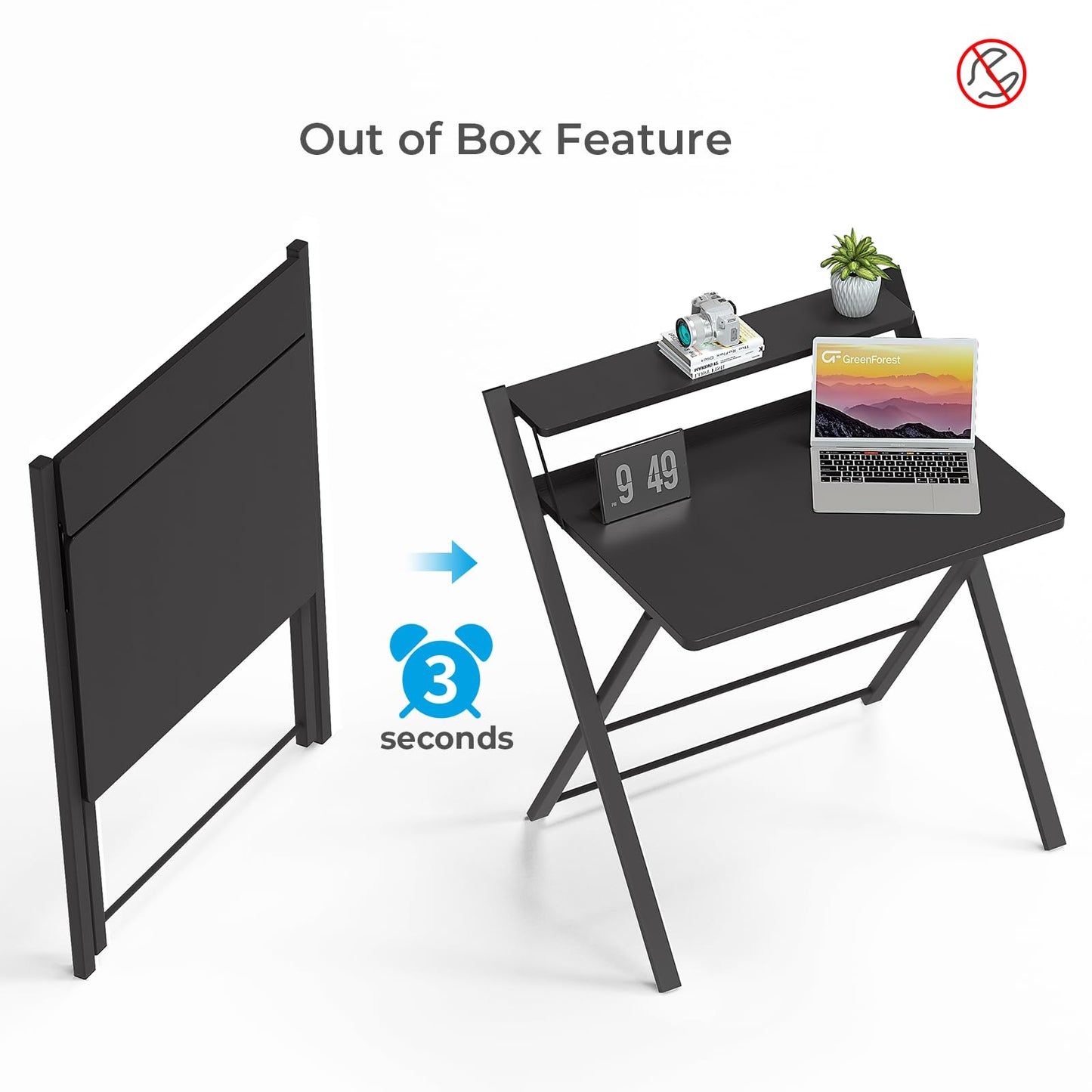 GreenForest No Assembly Folding Desk, 2-Tier Compact Computer Desk with Shelf, Space Saving Foldable Table for Home Office, Dorm or Apartment, Portable Collapsible Sturdy Laptop Desk, Black