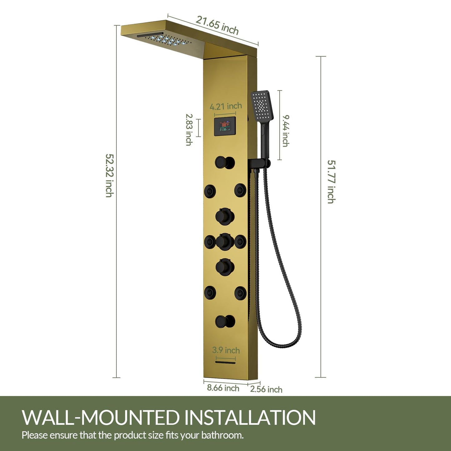 BATHLAVISH Shower Panel Tower System Stainless Steel LED Rainfall Waterfall Shower Head 5-Function Faucet Rain Massage System Wall Mount with 8 Body Jets, Handheld, and Tub Spout, Gold
