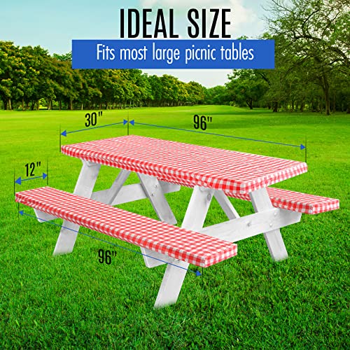 LINPRO Premium Picnic Table Cover with Bench Covers Vinyl Fitted Picnic Table Covers with Elastic RV Camping Accessories a...