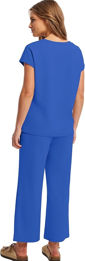 Saloogoe Two Piece Sets for Women Summer Outfits Lounge Sets V Neck Tops Wide Leg Pants Woman Vacation Travel Outfits