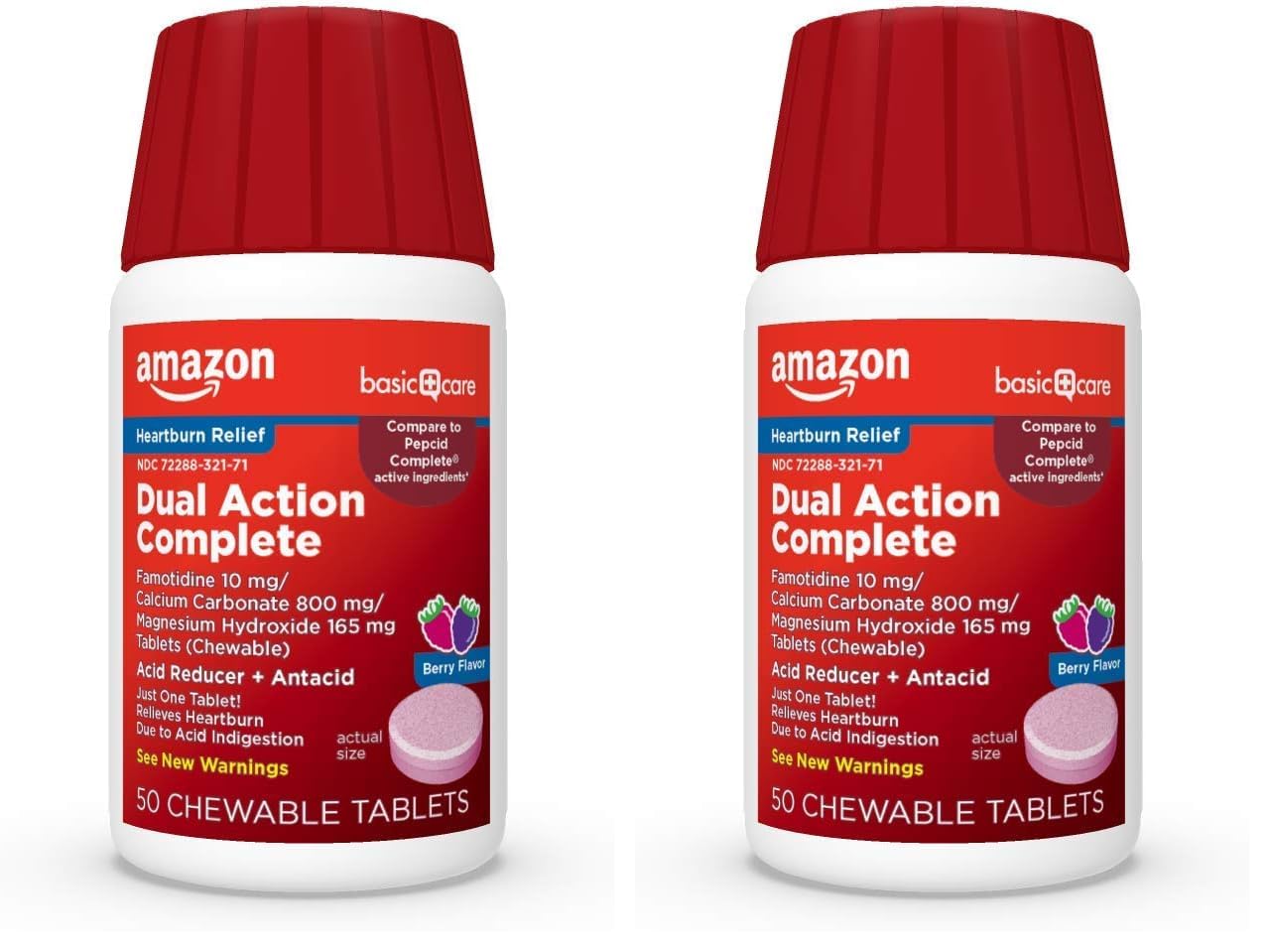 Amazon Basic Care Dual Action Complete, Chewable Acid Reducer Plus Antacid Tablets, Berry Flavor, Heartburn Medicine, Acid Indigestion Relief, 50 Count (Pack of 2)