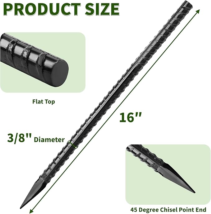Besitu 16 inches Ground Rebar Stakes (16 pcs) Heavy Duty Metal Spikes for Concrete Timber Garden Plant, Long Straight Steel Stakes for Tent, 3/8" Thickness Ground Anchors with Chisel Point End, Black