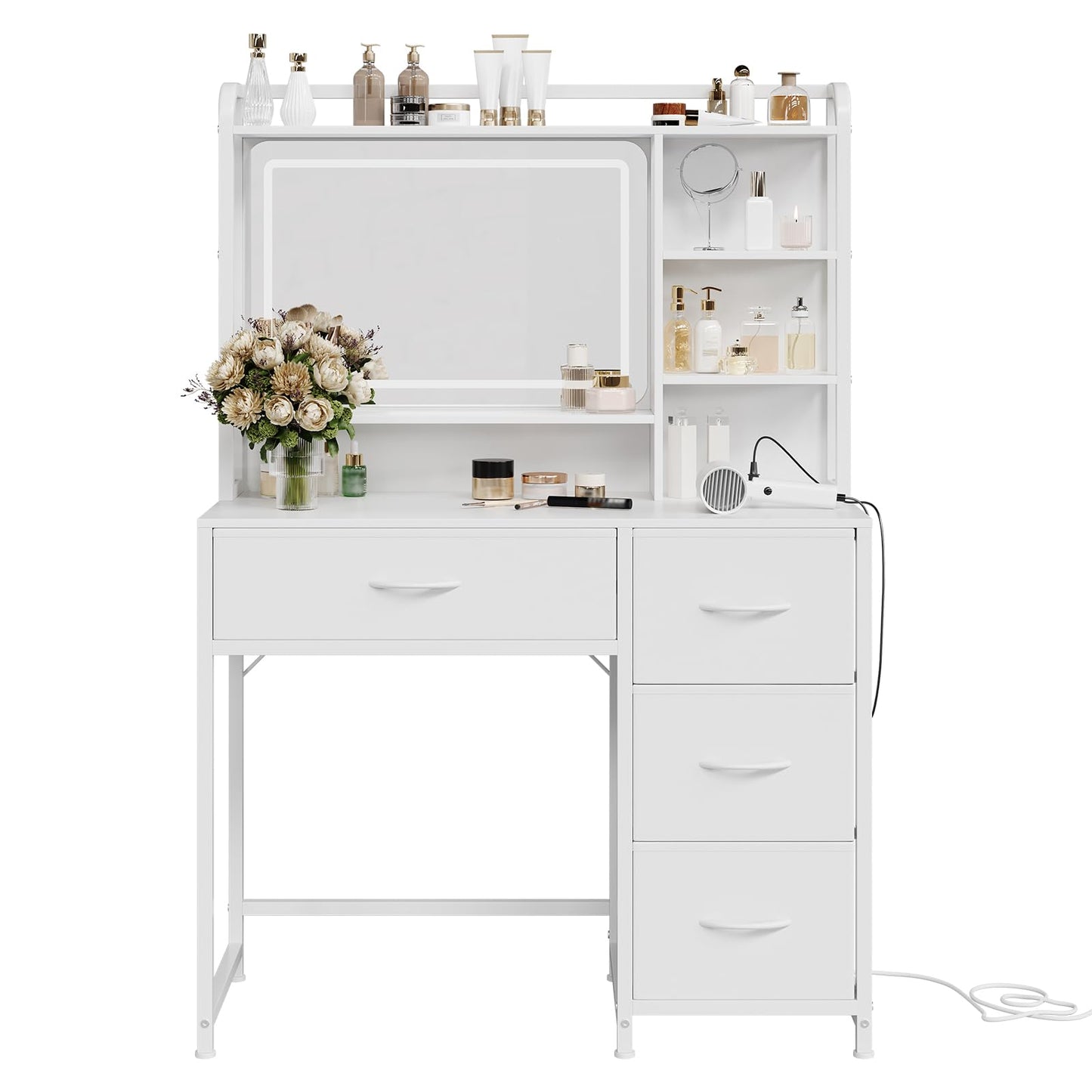 GarveeHome Vanity Desk with Mirror, 35.4” Makeup Vanity Table with Shelves, 4 Fabric Drawers Storage, Modern Dressing Table for Bedroom, Gift for Women