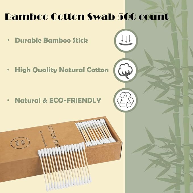 Natural Bamboo Cotton Swabs For Home & Beauty Care, Dual Round Tips,Eco-Friendly Paper Pack 500 Count