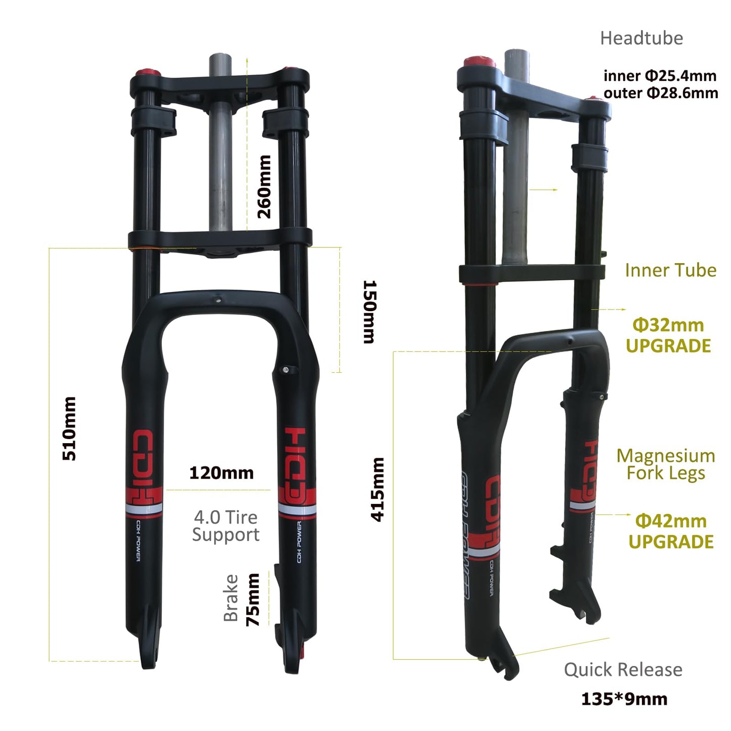 CDHPOWER 26" Air Suspension Bicycle Fork 4.0" Fat Tire Bike Fork, Double Shoulder w/ 1-1/8" Headset Combo, 9mm*135mm QR, Disc Brake 1-1/8inch Steerer E-Bike/MTB