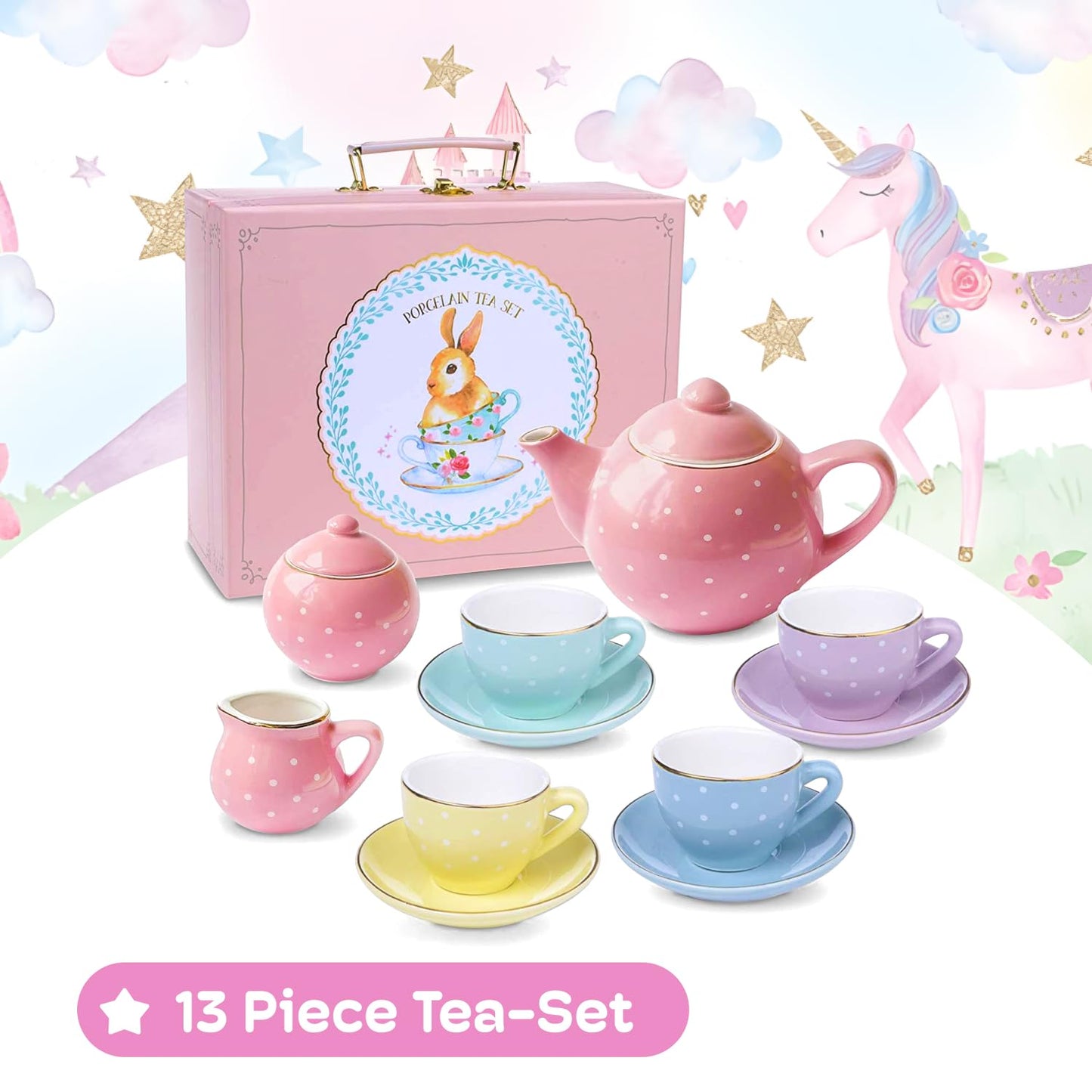 Jewelkeeper 13 Pieces Porcelain Tea Set for Little Girls with Pastel Picnic Basket - Mini Toddler Tea Sets for Girls 2 and Up - Real Cups, Teapot, and Saucers - Children Playset - Polka Dots Design