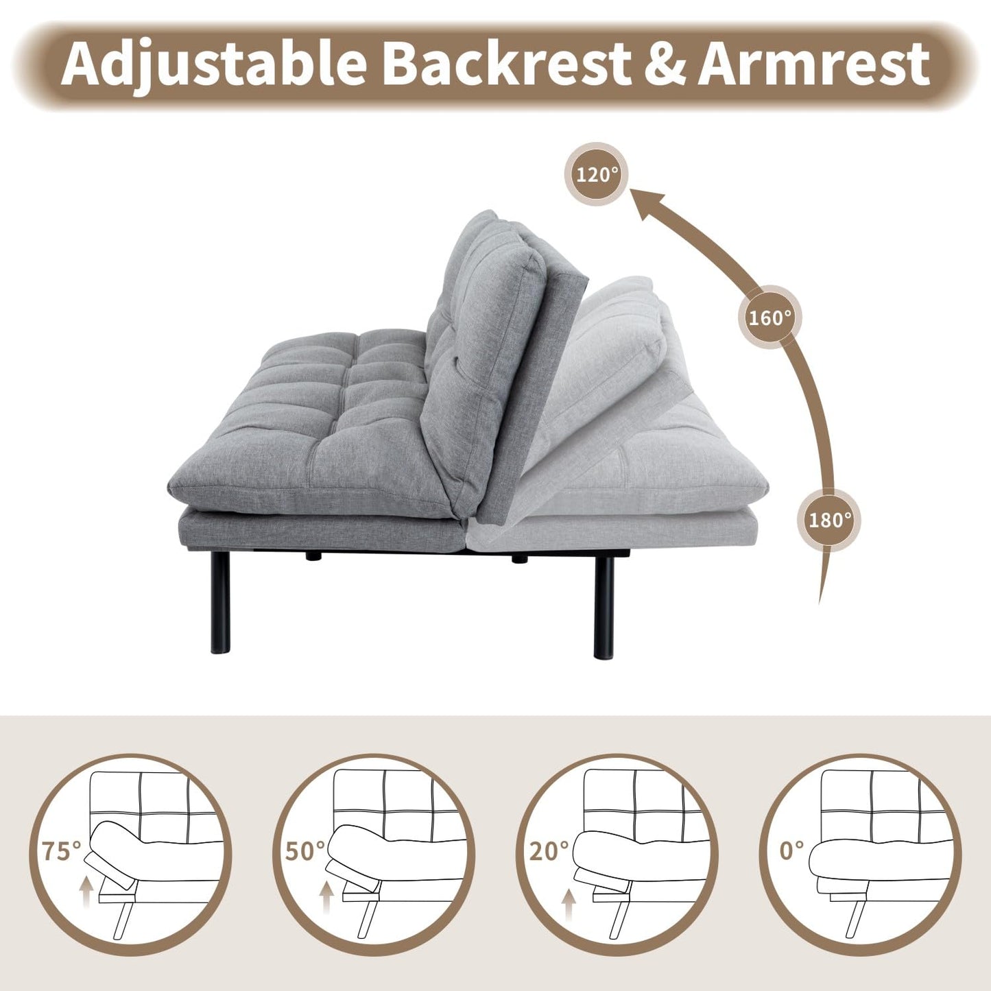 Opoiar 71" Convertible Futon Sofa Bed & Sleeper Couch - Memory Foam Loveseat Sofa with Adjustable Backrest/Armrest for Small Space, Apartment, Living Room - Medium Grey