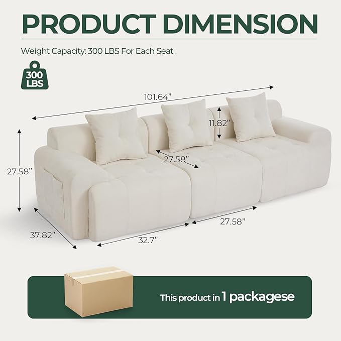 YAAREE 101.65” Modular Sectional Couch for Living Room, 3-Seater Cloud Sofa with Deep Seat, Woven Texture Upholstery Boneless Couch, No Assembly, Beige