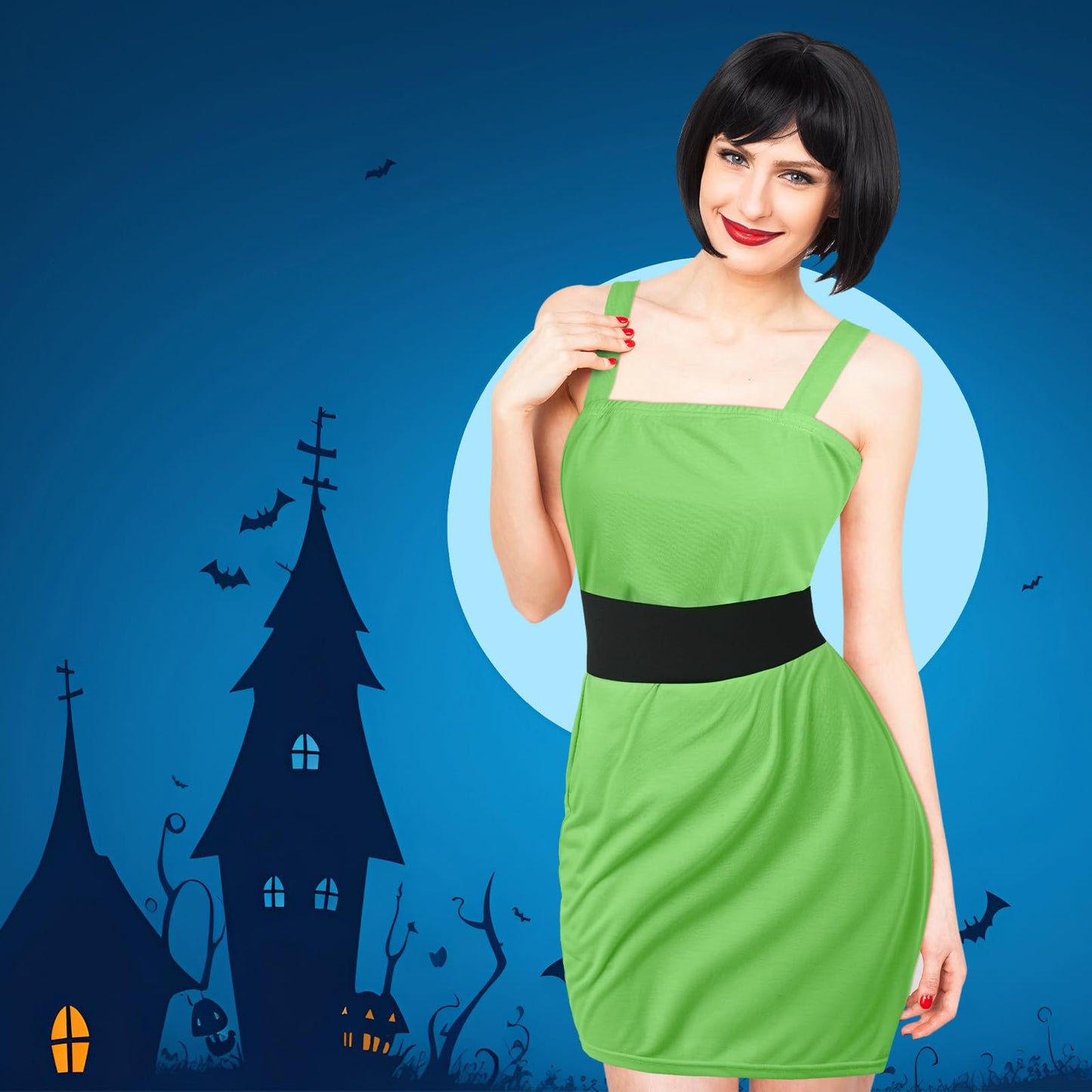 Croloose Women's Power Animated Costume Set Vest Dress Wide Cinch Black Belt Tank Dress for Halloween Party Character Cosplay (Green)