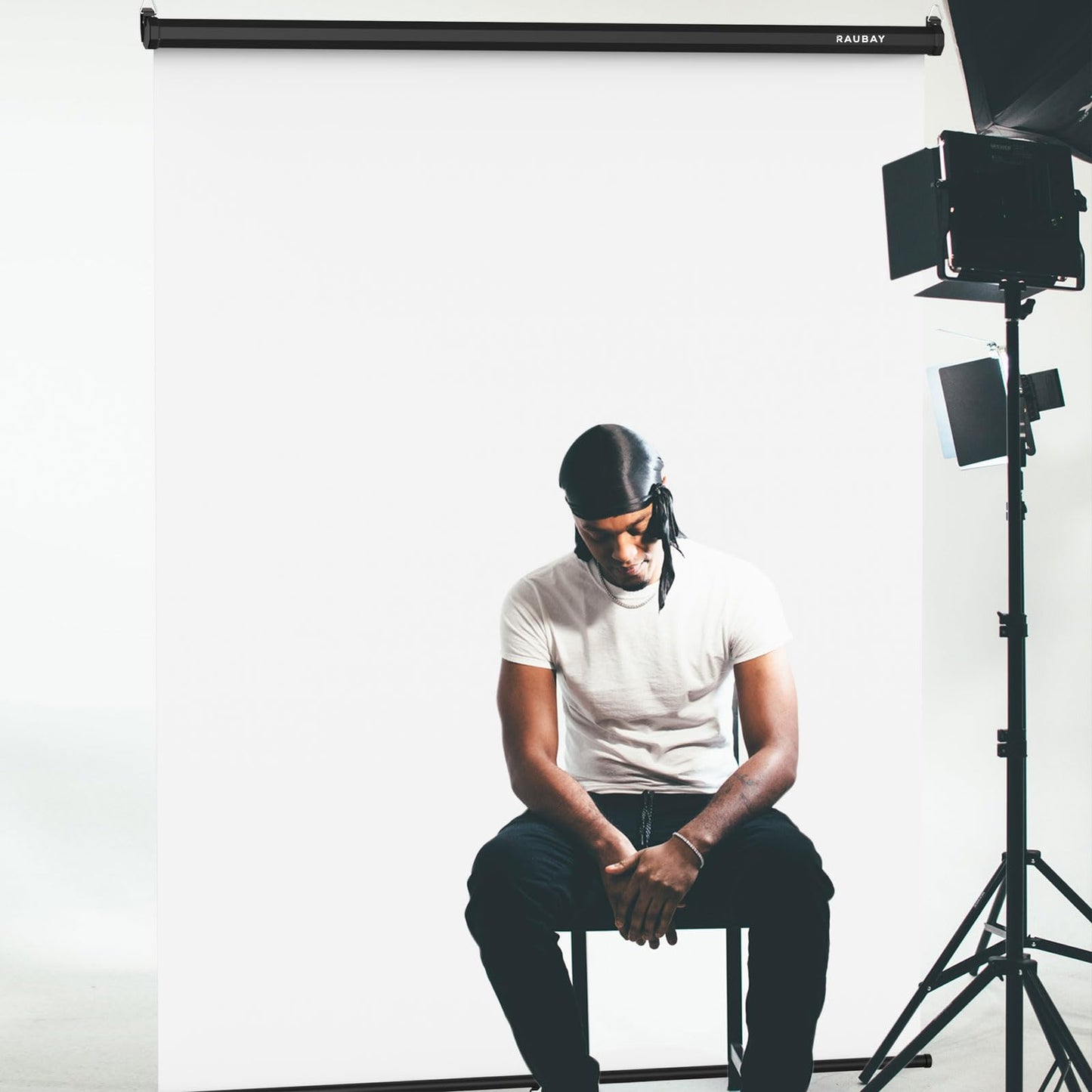 RAUBAY Retractable Pull Down White Screen Backdrop - 59.8" x 86.6" Collapsible Wall-Mount Background for Professional Video Production, Photography, TikTok and Video Conferencing