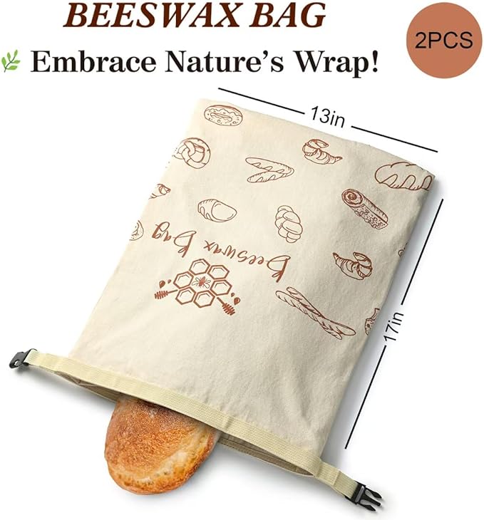 Reusable Bread Bags for Homemade Bread (XL,2 Pack) - Pure cotton Beeswax, Sourdough, Beeswax Bag,Storage Bag, Fresh and refrigerable, New Upgrade Food Storage Bag