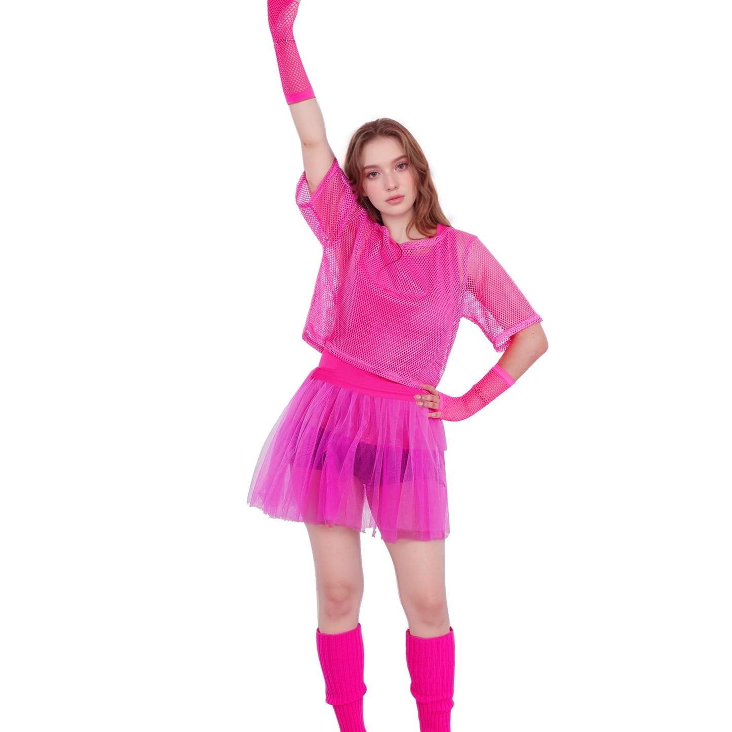 Ishua 8pcs 80s Fishnet Costumes, Women 80's Costume Neon Clothes Costume, Halloween 80s Women Costume (L)