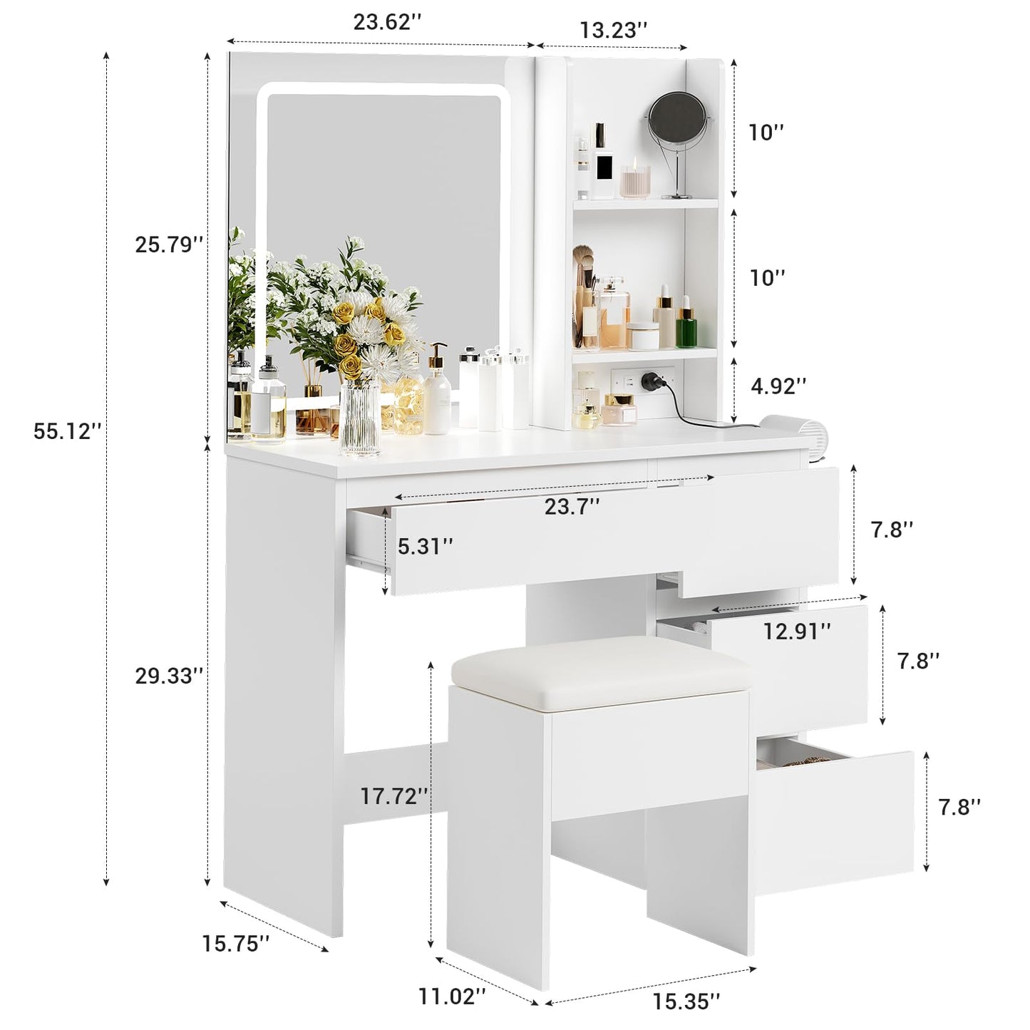 Vanity Desk with Mirror and LED Light, Vanity Desk with 4 Drawers, Power Outlet, Storage Stool, Open Shelves, Hairdryer Holder, Adjustable 3 Lighting Mode, Makeup Vanity Set for Bedroom, White