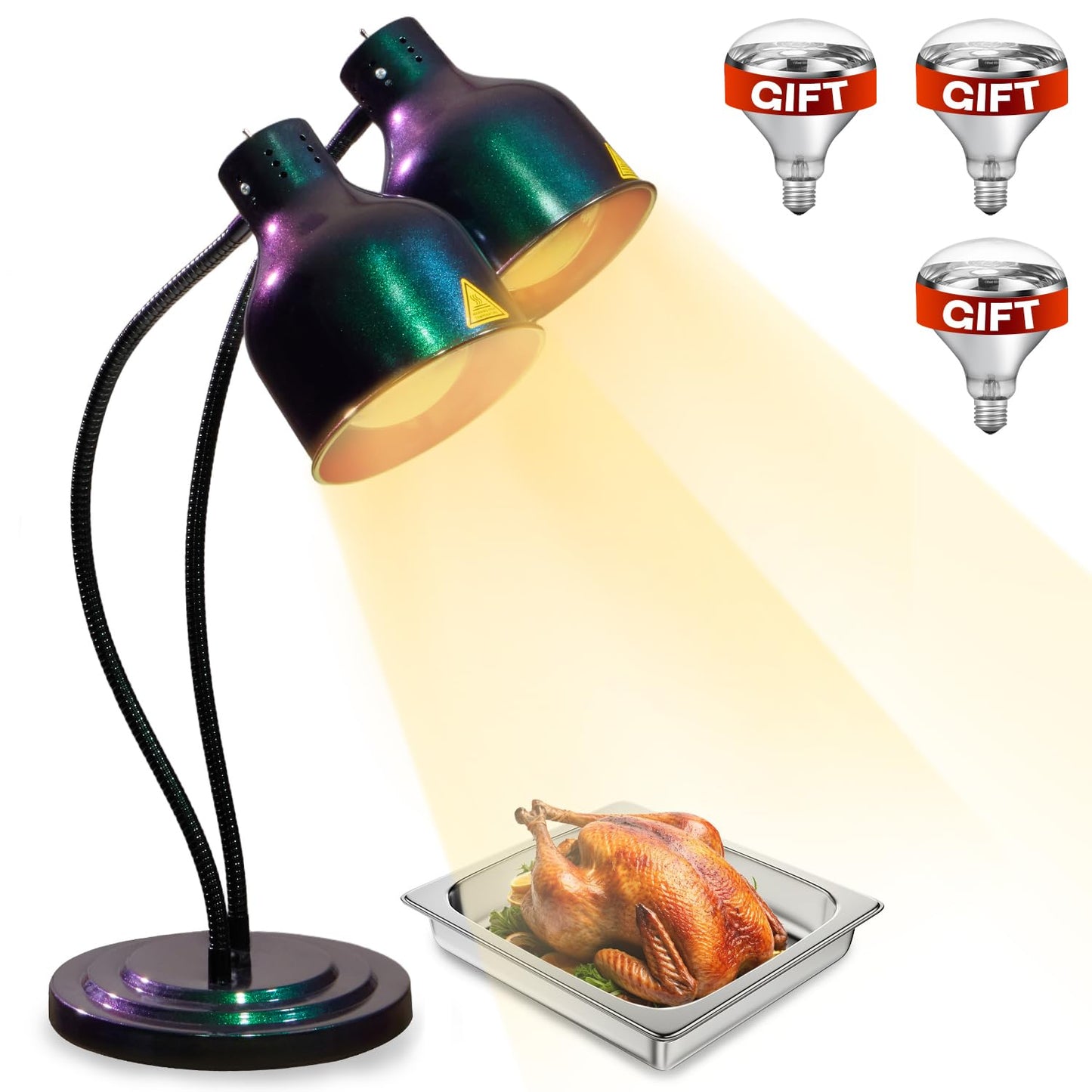 RVGMBO Food Heat Lamp - [3 Bulbs Included] [Rapid-Heating], 500W Commercial Food Warmer Light, Heat Lamp for Food Catering Warming Lamp for Buffet Parties, Green-Purple Gradient