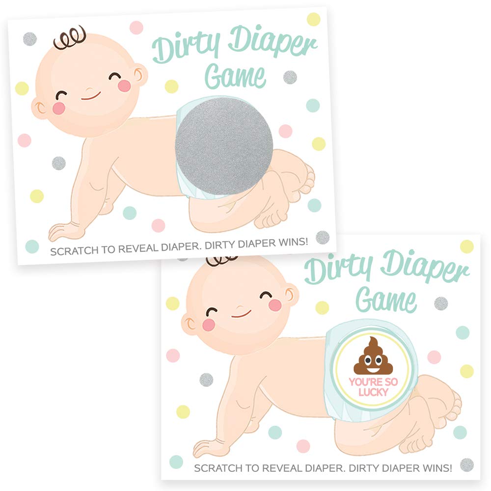 Printed Party Baby Shower Game – Dirty Diaper Scratch Off Raffle, Boy or Girl, 30 Cards and Stickers