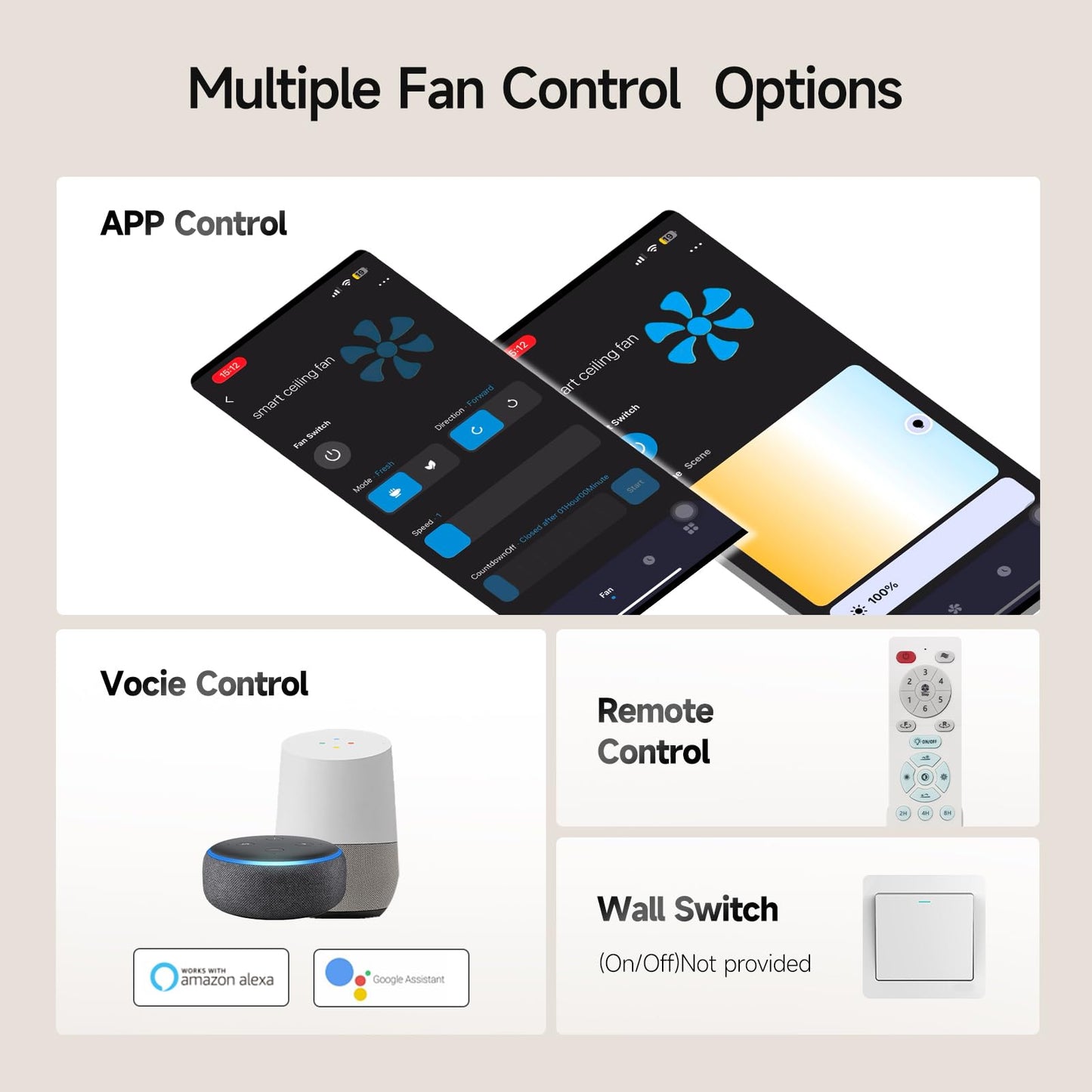 Atolit Ceiling Fans With Lights,52 Inch Smart Ceiling Fan, Remote/App Control, Compatible With Alexa/Google Assistant,Reversible