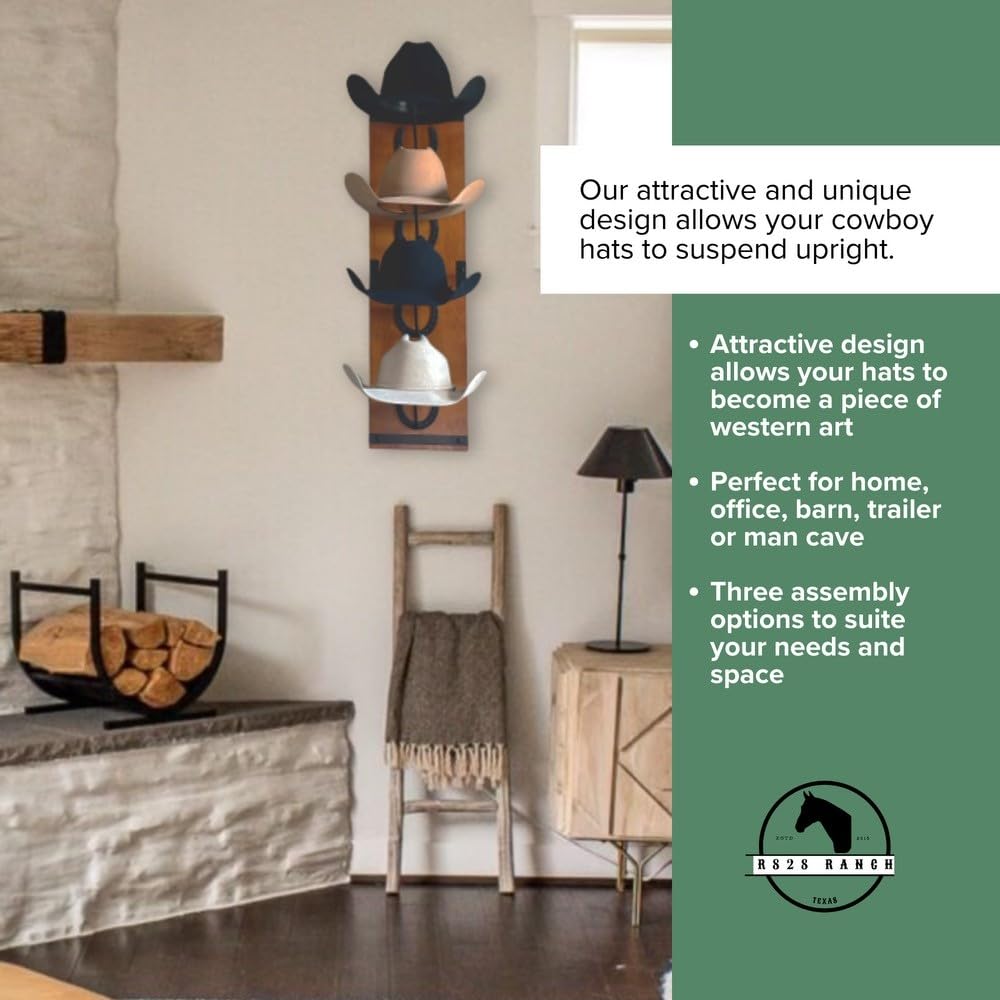 R828 Ranch Cowboy Hat Rack For Wall Mount (34.6” x 10.1” x 13.5”) | Wood Cowboy Hat Holder | Hanging Western Hat Rack w/Metal Accents | Customizable Hat Organizer w/Handmade Horseshoe Mounts