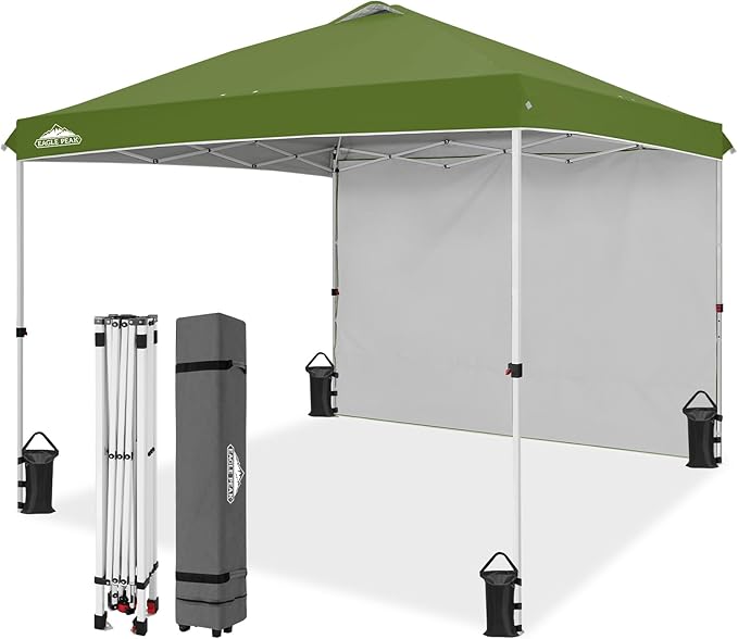 EAGLE PEAK Pop Up Canopy Tent with 1 Sidewall, Easy Setup Event Tent, Outdoor Sun Shade, Wheeled Carry Bag, Stakes and Guy...