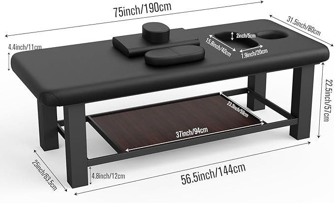 Professional Heavy-Duty Stationary Massage Table, Fixed Backrest Wide Exam Table, Metal Frame Treatment Bed for Spa Facial Salon Physical Therapy, Luxury PU Leather, Black, 31.5'' W × 75'' L