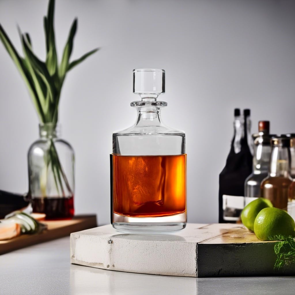 Lily's Home Glass Decanter for Whiskey, Bourbon, Brandy, Wine or Any Other Liquor or Beverage. With a Glass Stopper. Round, Stylish and Functional Piece (26 Ounces) Clear