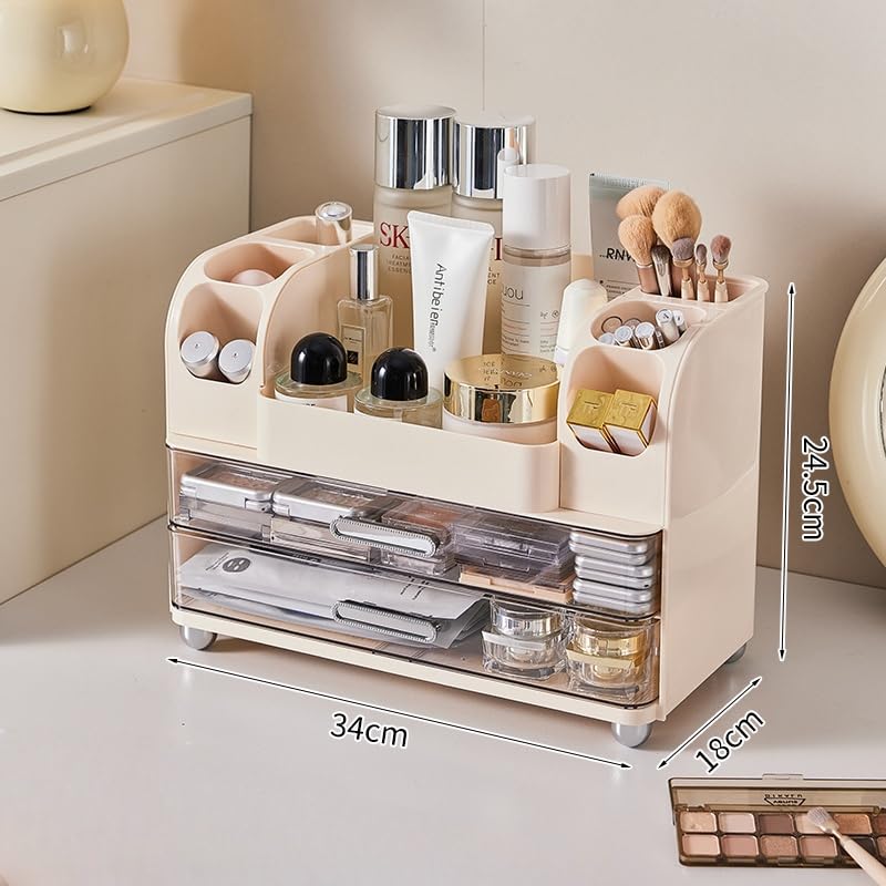 Makeup Organizer with 2 Drawers, Cosmetic Display Case, Storage Holder for Vanity, Bathroom Counter, Desk, Beauty Supplies (Cream)