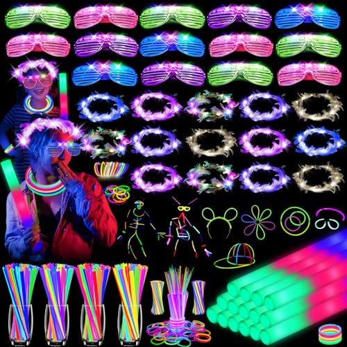 HONLYNE 142 PCS Glow in the Dark Party Supplies, 14PCS Foam Glow Sticks, 14PCS Light Up Headband,14PCS LED Glasses and 100...