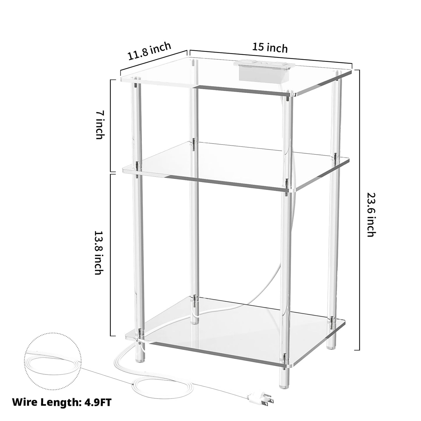 Eglaf Acrylic Side Table with Charging Station - 3 Tier Charging End Table Set of 2 - Clear Nightstand Bedside Table with USB Ports & Outlets - for Bedroom, Living Room, 15'' L x 11.8'' W x 23.6'' H
