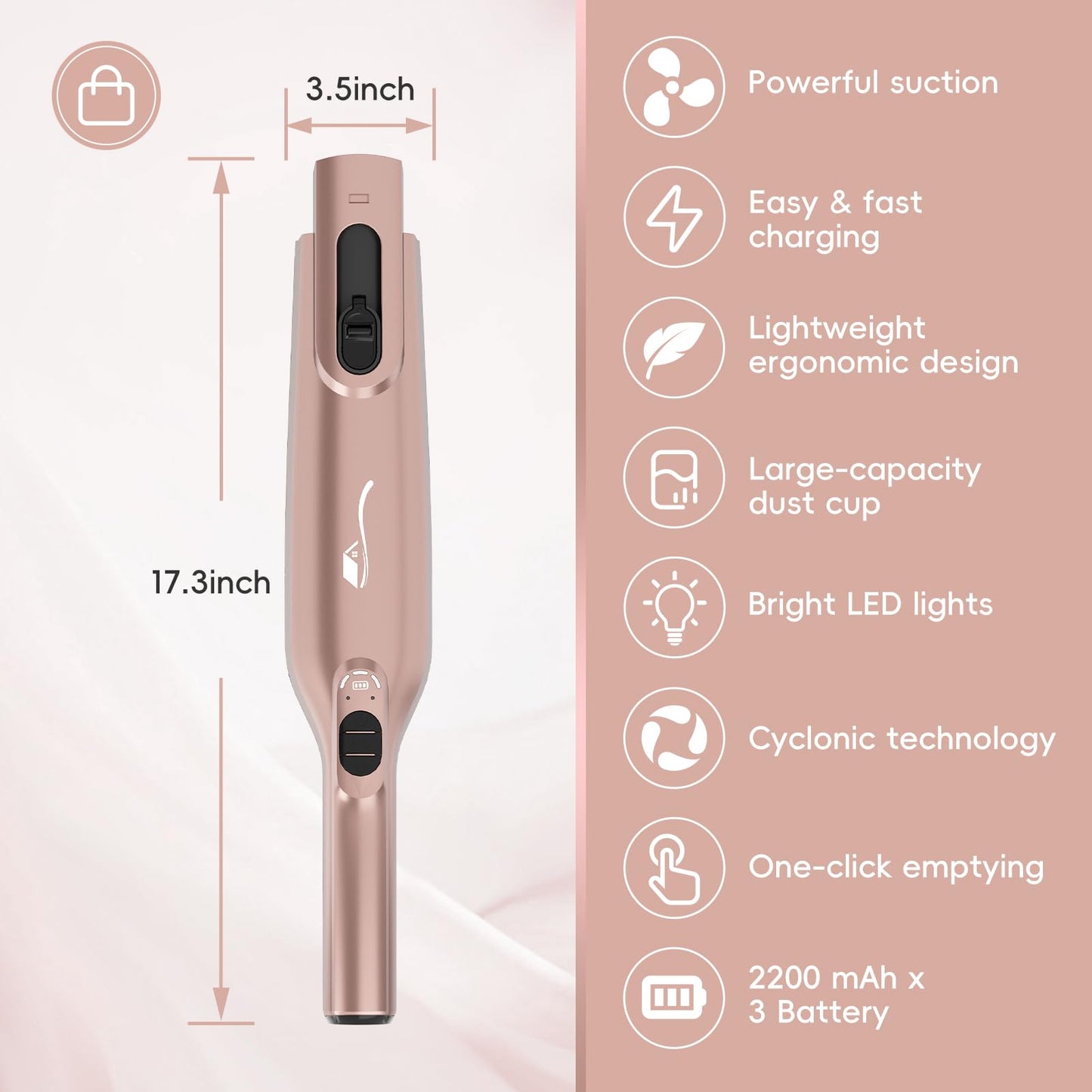 AYONTIN Rechargeable Handheld Vacuum, Lightweight Hand Vacuum Cordless, Powerful Suction, One-Touch Empty, LED Lights, Large Dust Cup for Home, Office, Car, Pet, Rose Gold