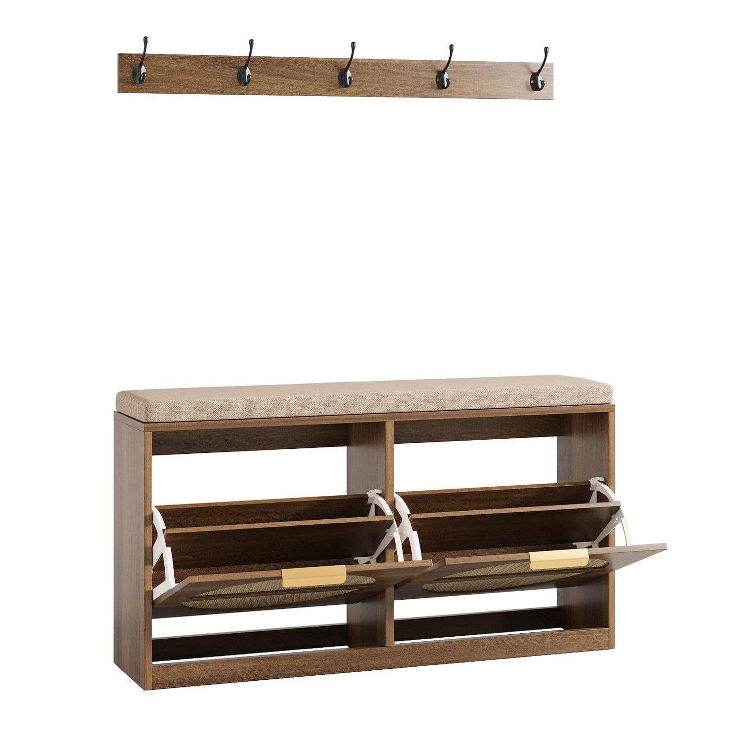 Maupvit Rattan Entryway Bench with Seat Cushion & Coat Rack, Shoe Storage Cabinet with 2 Flip Drawers, Narrow Shoe Rack, 5 Sturdy Metal Hooks, Rustic Oak Rattan