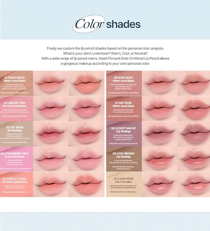 Heart Percent Dote On Mood Lip Liner Pencil, Long-Lasting Creamy Lip Crayon Smooth Lipliner Retractable Lipstick Overlip Line Color 0.8g, #17. Taupe Beige