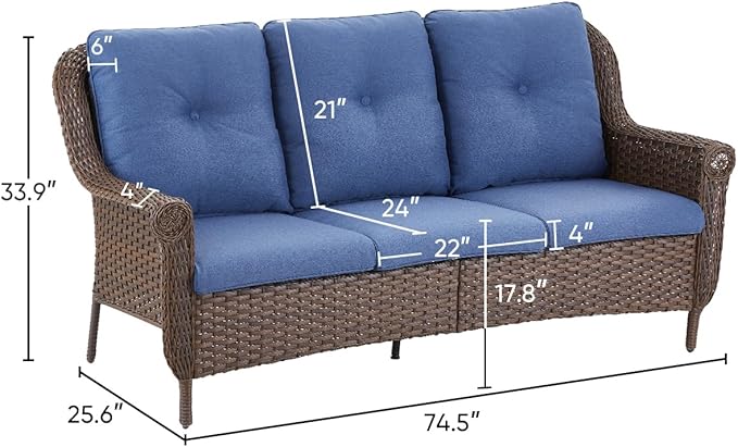 ACTREST Patio Couch Outdoor Wicker Sofa - Heavy Duty All-Weather Brown Rattan 3-Seater with High Back and Comfortable Thick Cushions for Garden Back Porch Poolside Apartment - Navy Blue