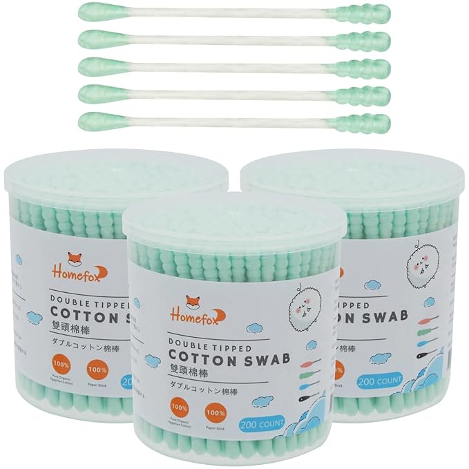 Green Cotton Swabs Spiral - 600 Count Organic Cotton Buds Double Side Tightly Wrapped Cotton Tips Paper Stick Soft Gentle Lint-Free Cruelty-Free, Round & Spiral (Green)